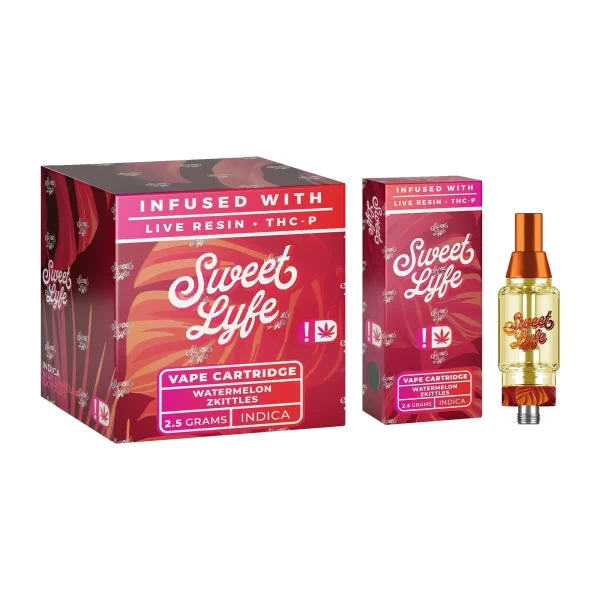 4028c43a-fe1a-4c7f-9596-0bffc4be63de Sweet Lyfe 2.5ml Vape Cartridges Infused with Live Resin + THCP - Watermelon Zkittlez - Indica