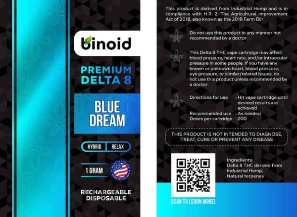 BinoidDelta8THCRechargeableDisposableVape1GramBlueDreamFrontBackInsert_768x768acff Binoid Delta 8 THC Rechargeable Disposable Vape