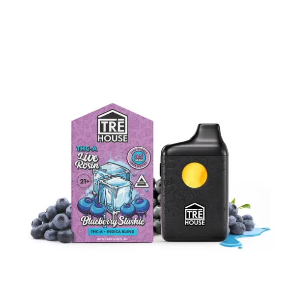 TreHouse-BlueBerrySlushie-BestBrand-GoodPrice-GetNearMe-LowestCoupon-DiscountStore-Shoponline-Where-to-Buy-2Grams-Strongest-Smoke-ShopBinoid-2 TRĒ House Live Rosin THCA Disposable Vape - 3.5G
